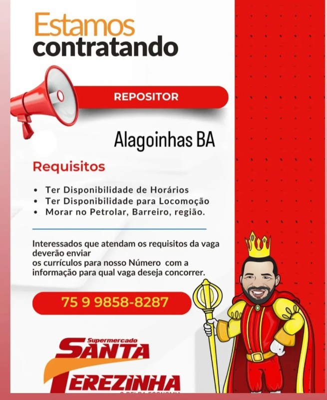 1 Vaga de emprego para Repositor na empresa Supermercado Santa Terezinha em 18/09