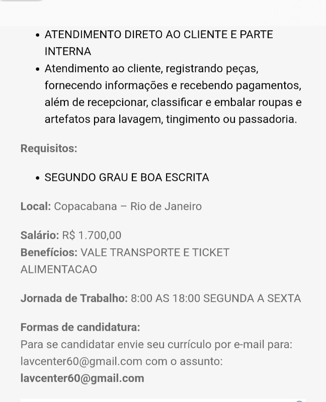 1 Vaga de emprego para Atendimento Direto De Cliente E Parte Interna no Bairro Copacabana, Rio de Janeiro em 18/09