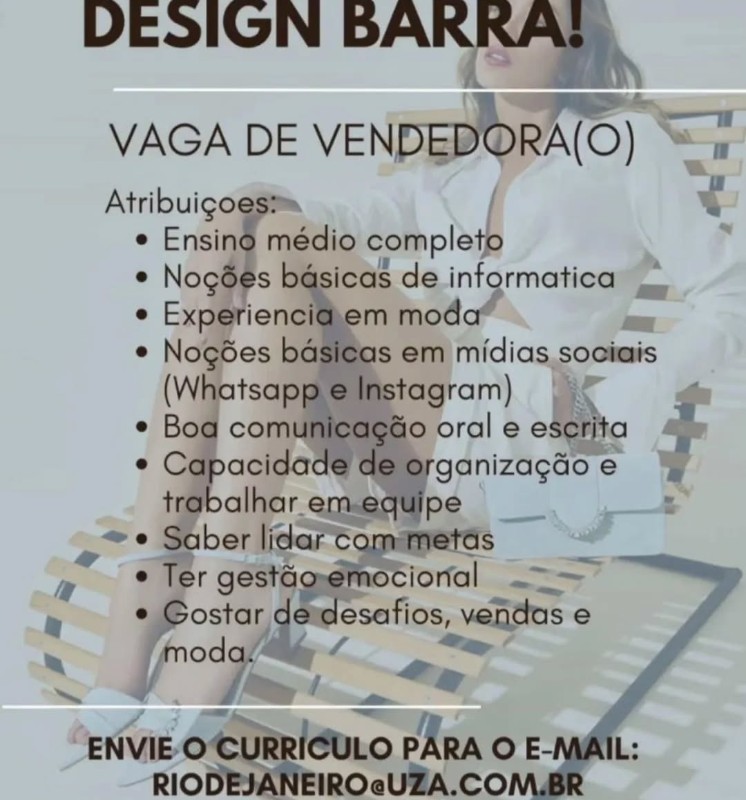 1 Vaga de emprego para Vendedor Ou Vendedora na empresa Design Barra em 19/09