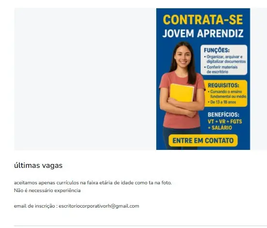 1 Vaga de emprego para Jovem Aprendiz sem experiência na empresa Escritório Corporaivo em 11/09