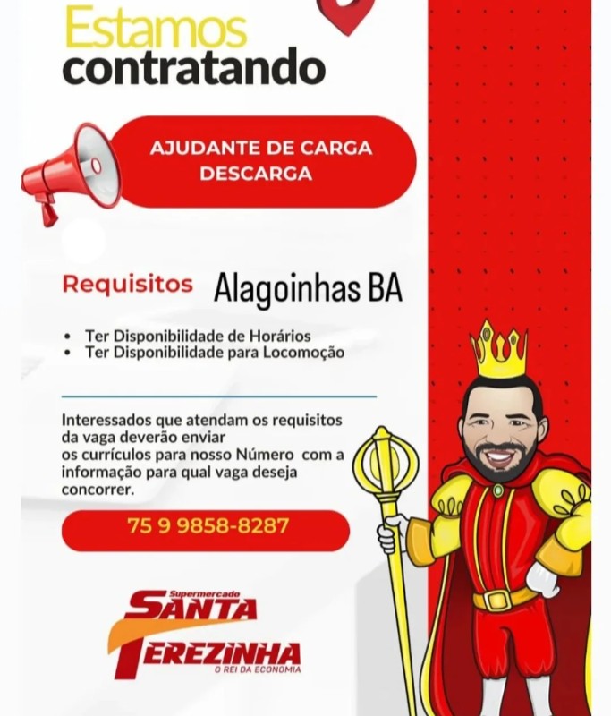 1 Vaga de emprego para Ajudante De Carga, Descarga na empresa Supermercado Santa Terezinha em 18/09