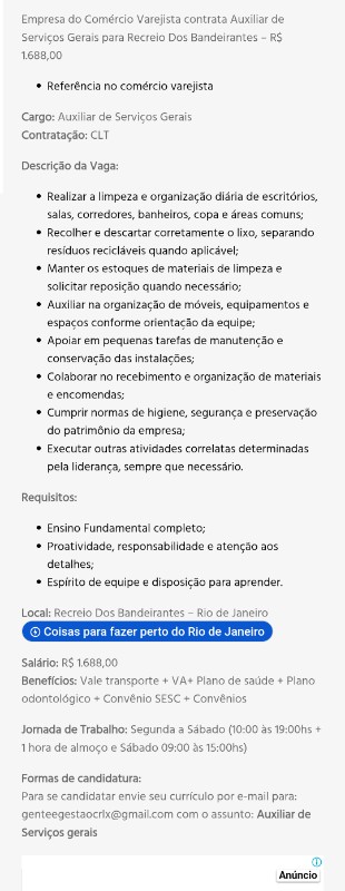 1 Vaga de emprego para Auxiliar De Serviços Gerais no Segmento Comércio Varejista em 18/09