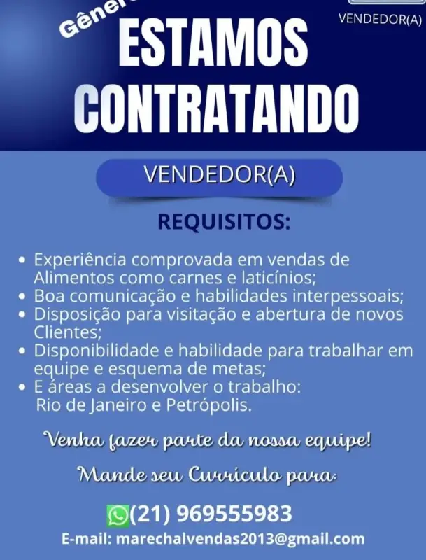 1 Vaga de emprego para Vendedor A na empresa Marechal Vendas em 09/09