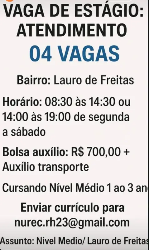 4 Vagas de emprego para Estágio Atendimento na empresa Nurec em 10/09