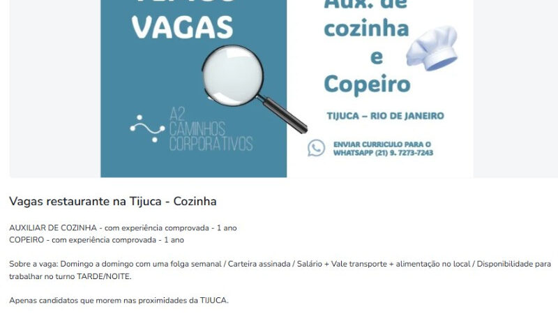 2 Vagas de emprego para Auxiliar De Cozinha E Copeiro na empresa Caminhos Corporativos em 11/09