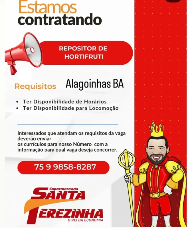 1 Vaga de emprego para Repositor De Hortifruti na empresa Supermercado Santa Terezinha em 18/09
