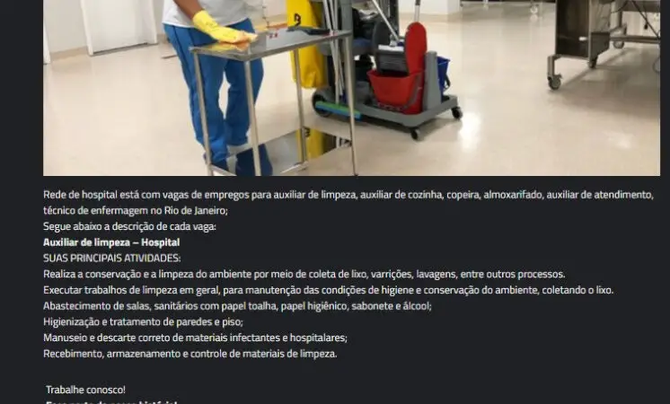 1 Vaga de emprego para Auxiliar De Limpeza na empresa Golden Cross em 10/09