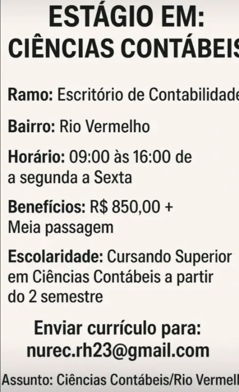 1 Vaga de emprego para Estágio Ciências Contábeis na empresa Nurec em 10/09
