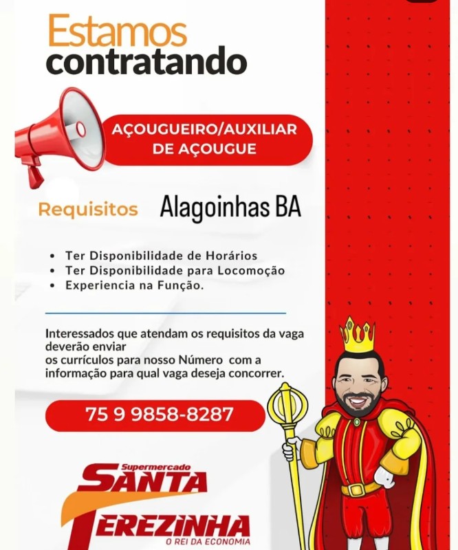 1 Vaga de emprego para Açougueiro, Auxiliar De Açougue na empresa Supermercado Santa Terezinha em 18/09
