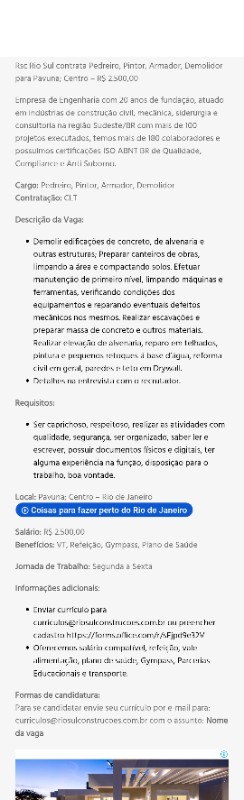 4 Vagas de emprego para Pedreiro, Pintor, Armador, Demolidor na empresa Rio Sul Construtora em 18/09