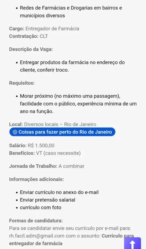 1 Vaga de emprego para Entregador De Farmácia na empresa RH em 09/09
