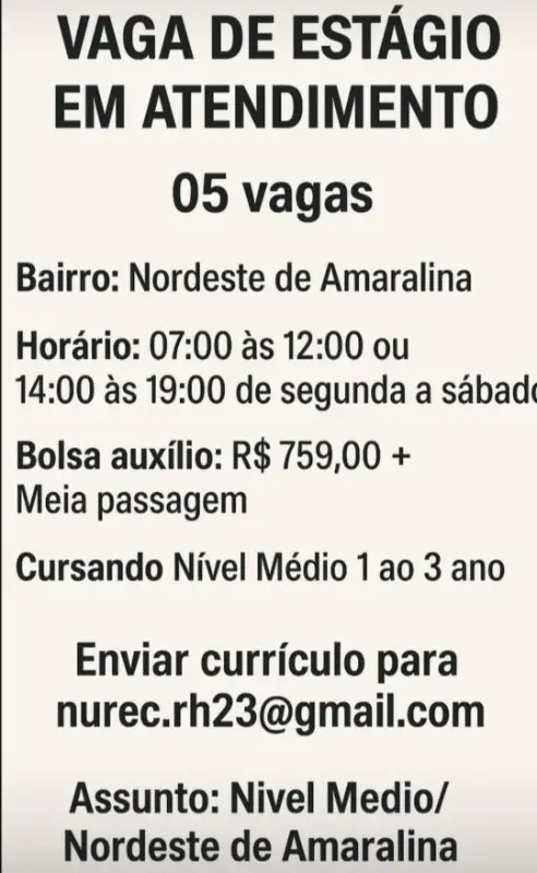 5 Vagas de emprego para Estágio Atendimento na empresa Nurec em 10/09