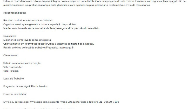 1 Vaga de emprego para Estoquista na empresa Distribuidora de Equipamentos de Cozinha em 11/09