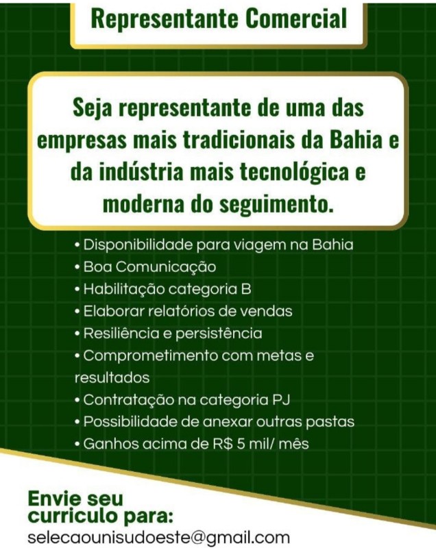 1 Vaga de emprego para Representante Comercial na empresa Unisudoeste em 19/09