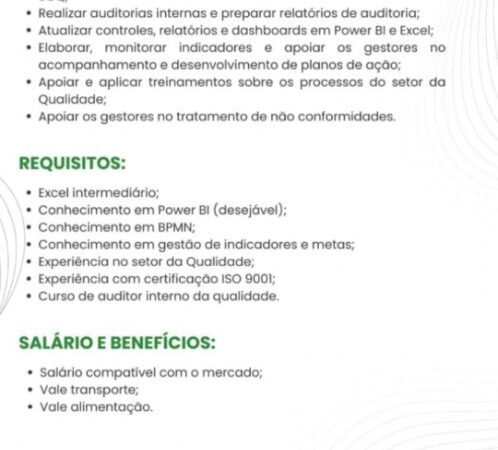 1 Vaga de emprego para Assistente Da Qualidade na empresa Estrategic Engenharia em 10/09