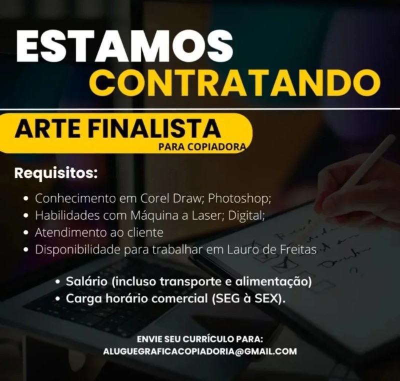 1 Vaga de emprego para Arte Finalista na empresa Aluguegraficacopiadora em 18/09