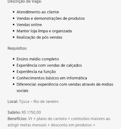 1 Vaga de emprego para Vendedora Tijuca na empresa Soulier em 09/09