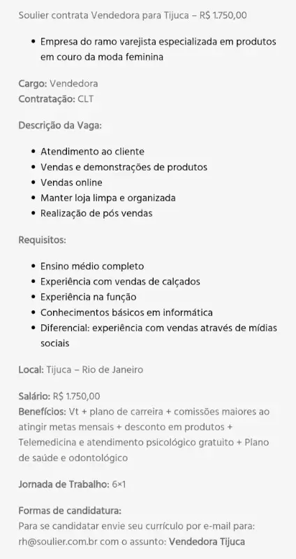 1 Vaga de emprego para Vendedora Tijuca na empresa Soulier em 09/09