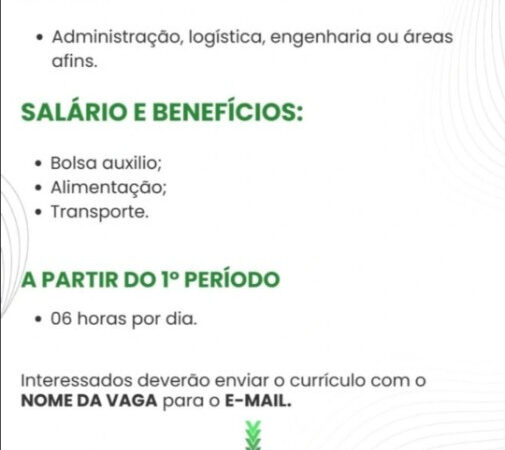 1 Vaga de emprego para Estágio Administração, Logística, Engenharia Ou Áreas Afins na empresa Estrategic Engenharia em 10/09