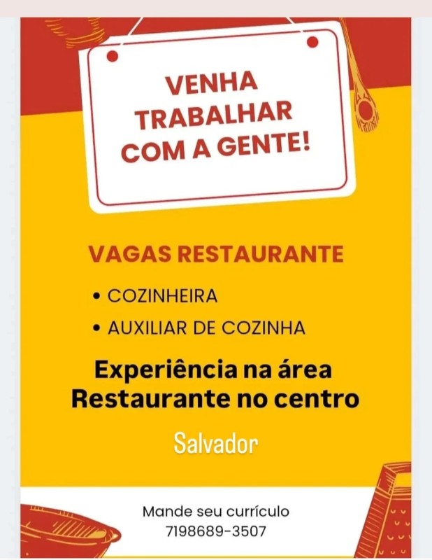 2 Vagas de emprego para Cozinheira, Auxiliar De Cozinha na empresa Restaurante Centro em 18/09