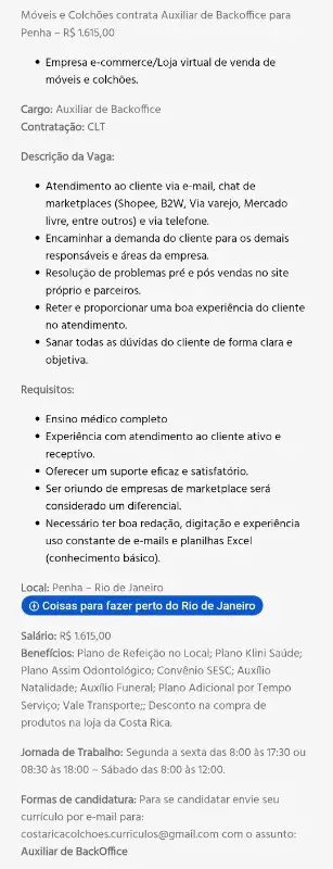 1 Vaga de emprego para Auxiliar De Backoffice na empresa Móveis e Colchões em 09/09
