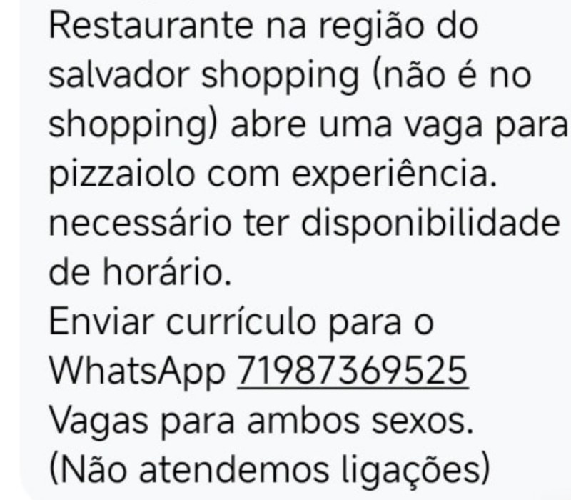 1 Vaga de emprego para Pizzaiolo na empresa Restaurante em 19/09