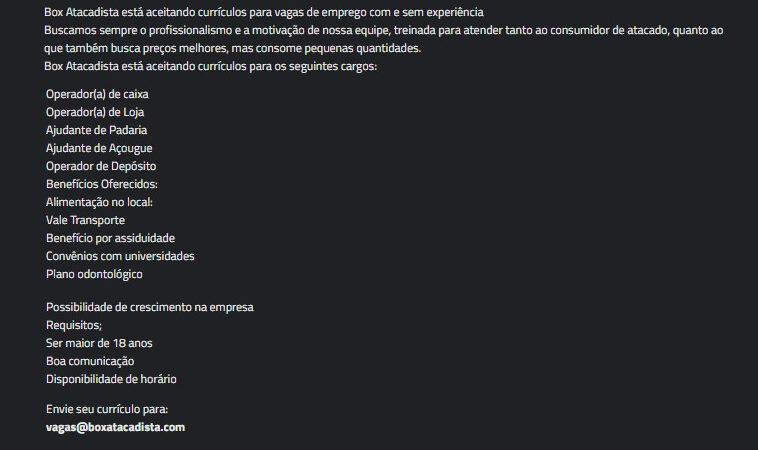 6 Vagas de emprego para Operador A De Caixa, Operador A De Loja, Ajudante De Padaria, Ajudante De Açougue, Operador De Depósito na empresa Supermercado Recantus em 10/09