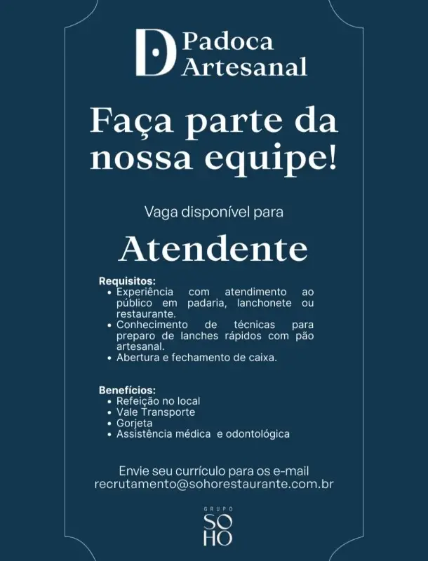 1 Vaga de emprego para Atendente na empresa Soho Restaurante em 10/09