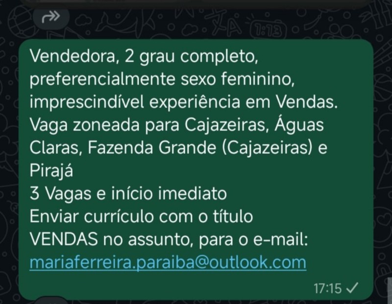 3 Vagas de emprego para Vendedora no Bairro Cajazeiras em 19/09