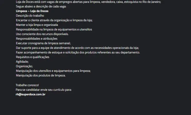 1 Vaga de emprego para Limpeza na empresa Superdoce em 10/09
