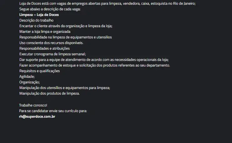 1 Vaga de emprego para Limpeza na empresa Superdoce em 10/09