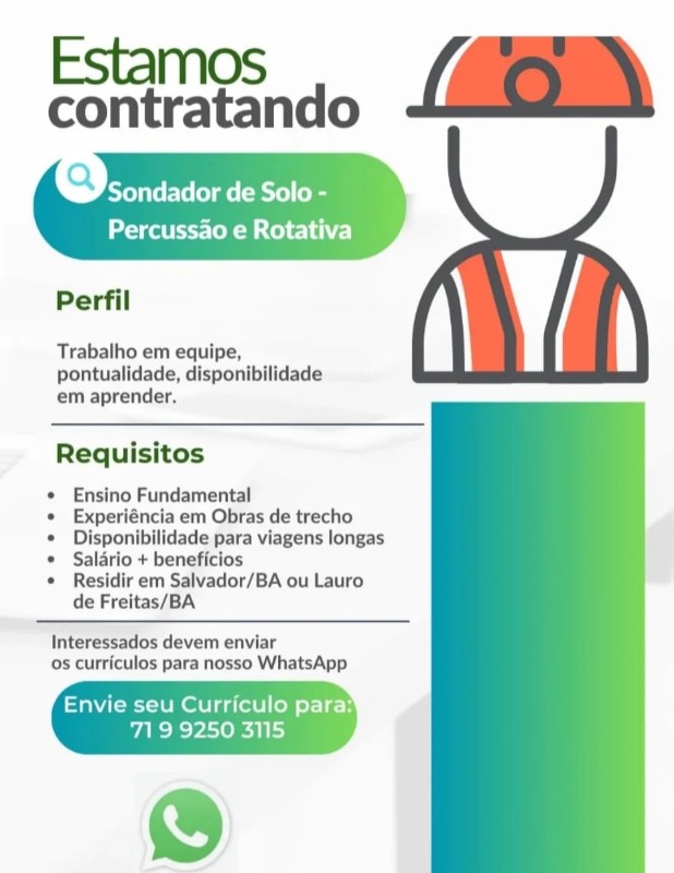1 Vaga de emprego para Sondador Ou Sondadora De Solo, Percussão E Rotativa na Cidade Salvador ou Lauro de Freitas em 18/09