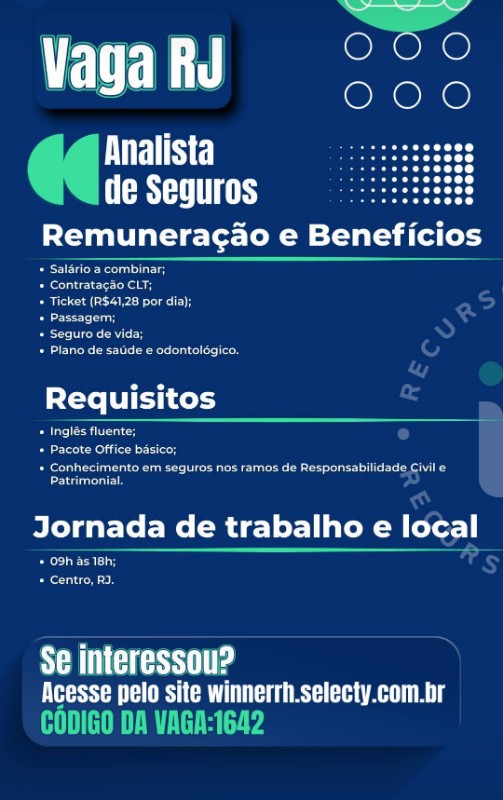 1 Vaga de emprego para Analista De Seguros no Bairro Centro em 18/09