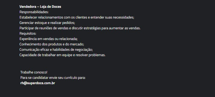 1 Vaga de emprego para Vendedora na empresa Superdoce em 10/09