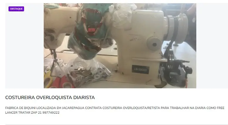 1 Vaga de emprego para Costureira Overloquista Diarista na Cidade Rio de Janeiro em 11/09