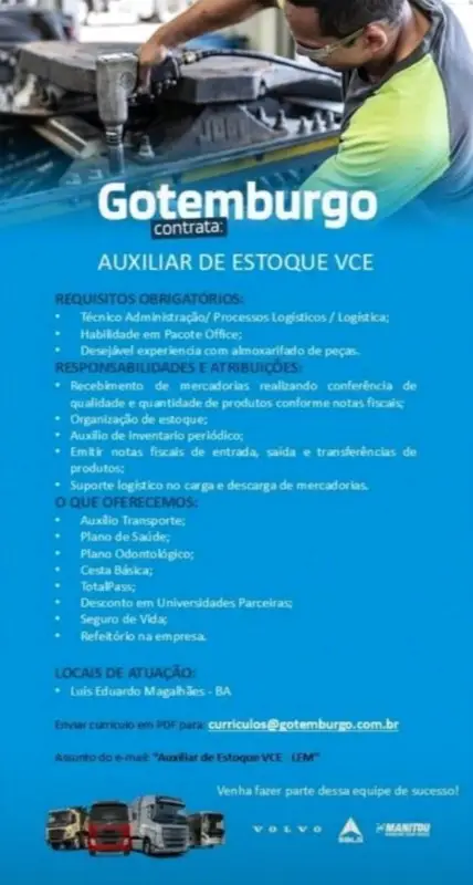 1 Vaga de emprego para Auxiliar De Estoque Vce sem experiência na empresa Gotemburgo em 10/09