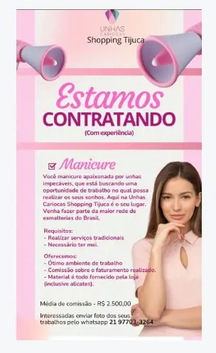1 Vaga de emprego para Manicure na empresa Unhas Cariocas em 11/09