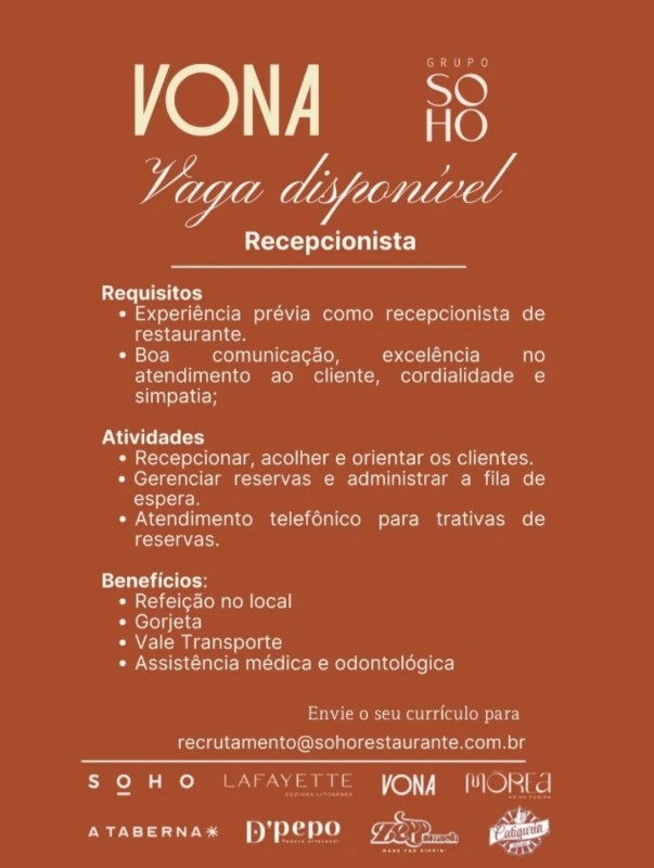 1 Vaga de emprego para Recepcionista na empresa Voná Soho em 18/09