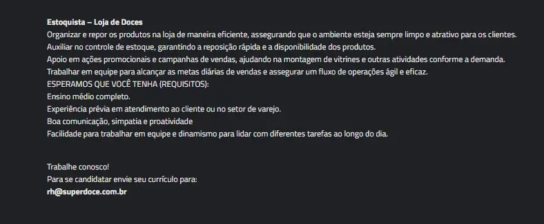 1 Vaga de emprego para Estoquista na empresa Superdoce em 10/09