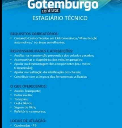 1 Vaga de emprego para Estagiário Técnico na empresa Gotemburgo em 10/09