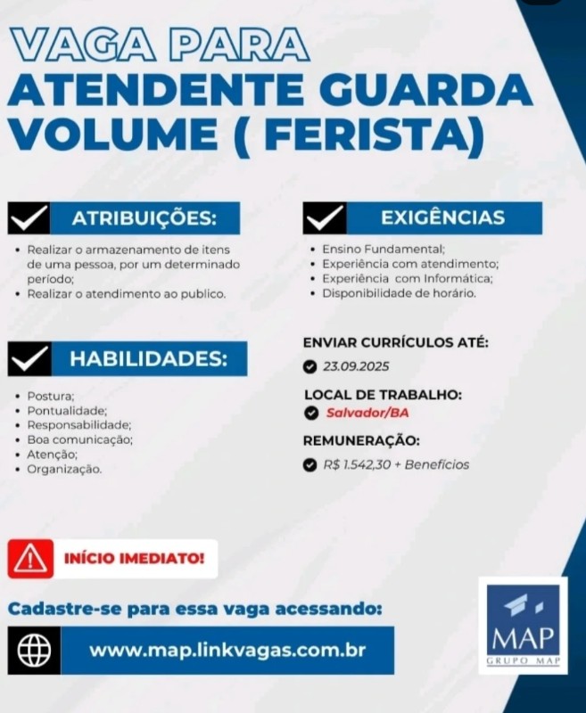 1 Vaga de emprego para Atendente, Atendente Guarda Volume na empresa Map em 18/09