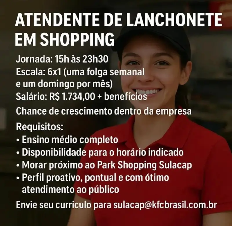 1 Vaga de emprego para Atendente De Lanchonete na empresa KFC Brasil em 09/09