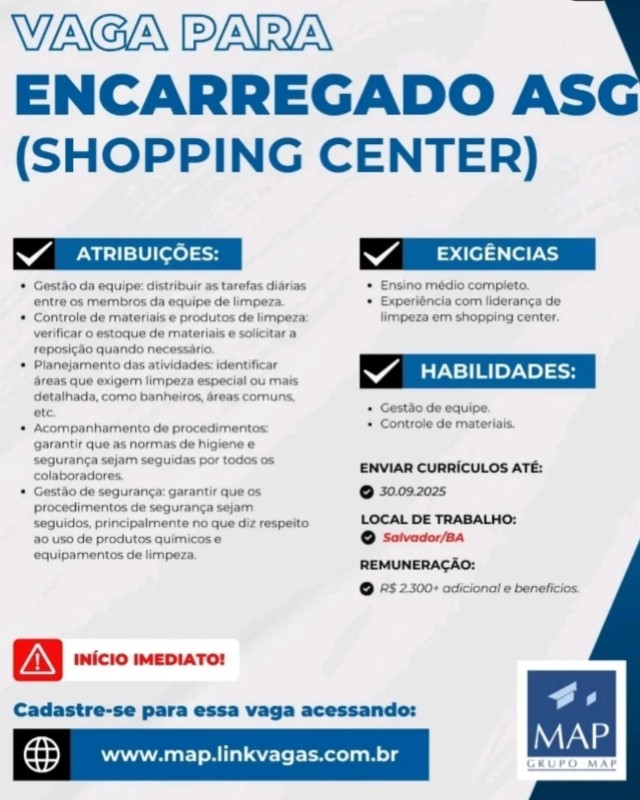 1 Vaga de emprego para Encarregado Asg na empresa Map em 18/09
