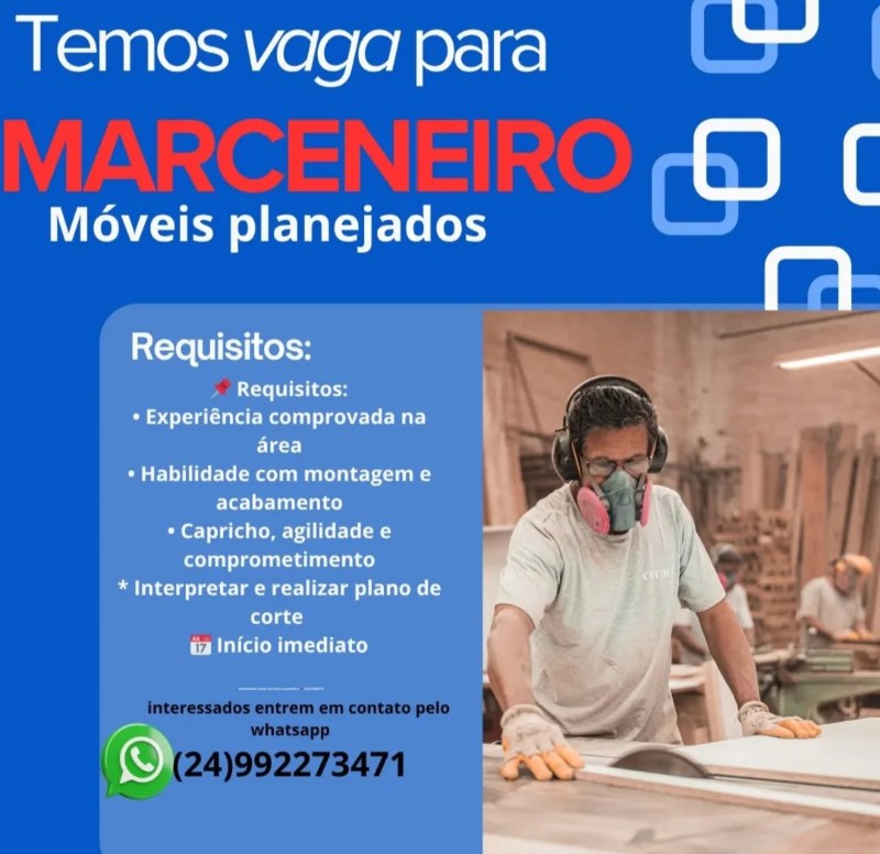 1 Vaga de emprego para Marceneiro na empresa Móveis planejados em 19/09