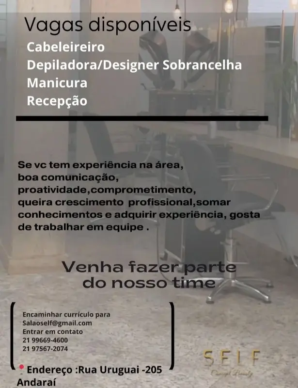 4 Vagas de emprego para Cabeleireiro, Depiladora, Designer Sobrancelha, Manicura, Recepção na empresa Salaoself em 10/09
