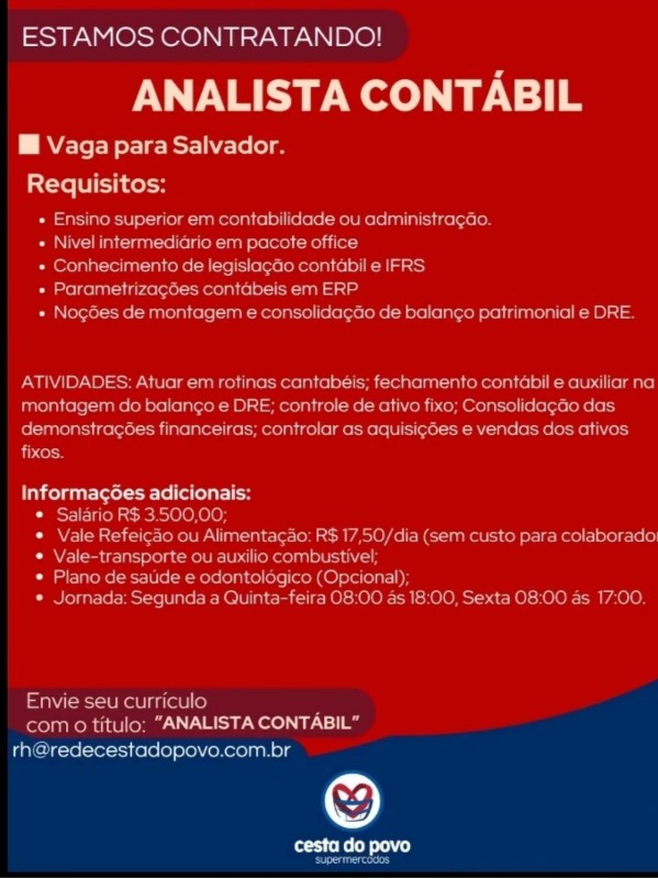 1 Vaga de emprego para Analista Contábil na empresa Cesta do Povo Supermercados em 18/09