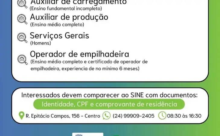 4 Vagas de emprego para Auxiliar De Carregamento, Auxiliar De Produção, Serviços Gerais, Operador De Empilhadeira na empresa Sine em 09/09