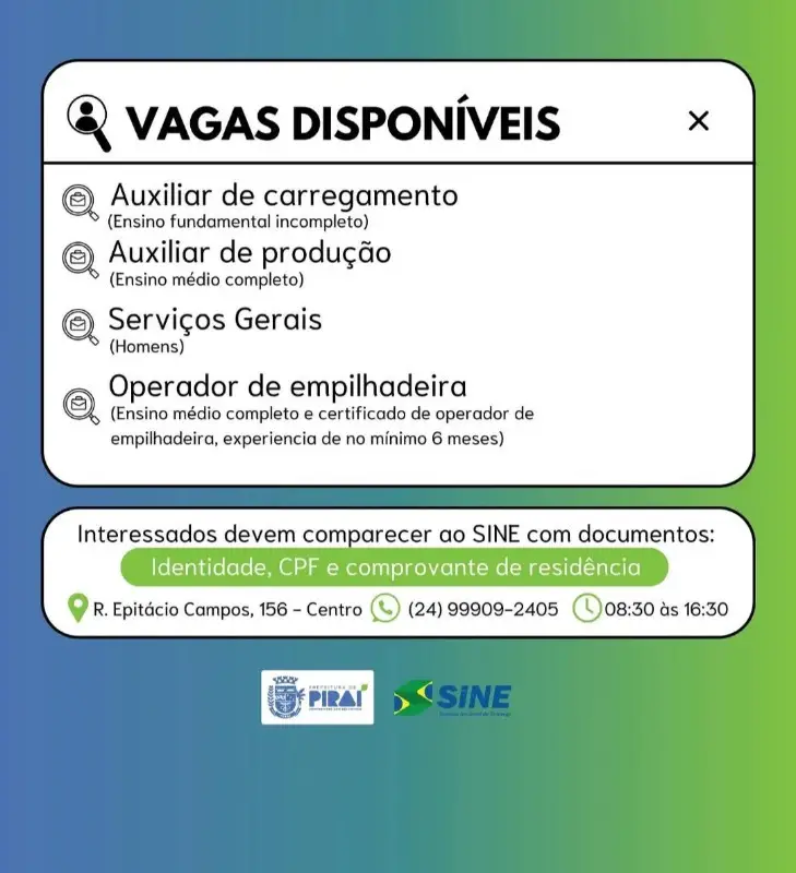 4 Vagas de emprego para Auxiliar De Carregamento, Auxiliar De Produção, Serviços Gerais, Operador De Empilhadeira na empresa Sine em 09/09