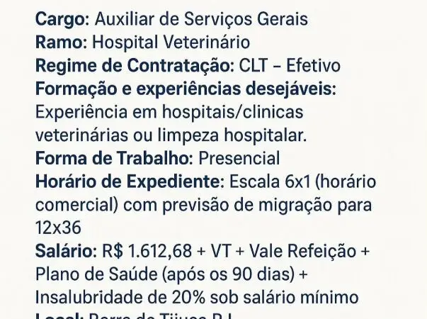 1 Vaga de emprego para Auxiliar De Serviços Gerais na empresa Intra RH em 10/09