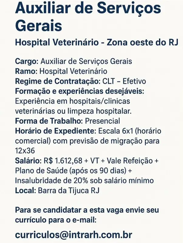 1 Vaga de emprego para Auxiliar De Serviços Gerais na empresa Intra RH em 10/09